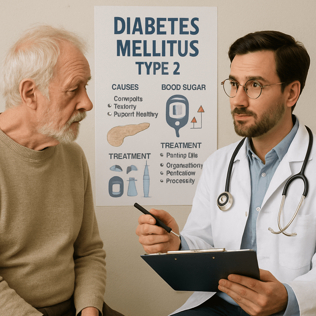 Älterer Mann beim Arzt, der sich über Diabetes mellitus Typ 2 informiert