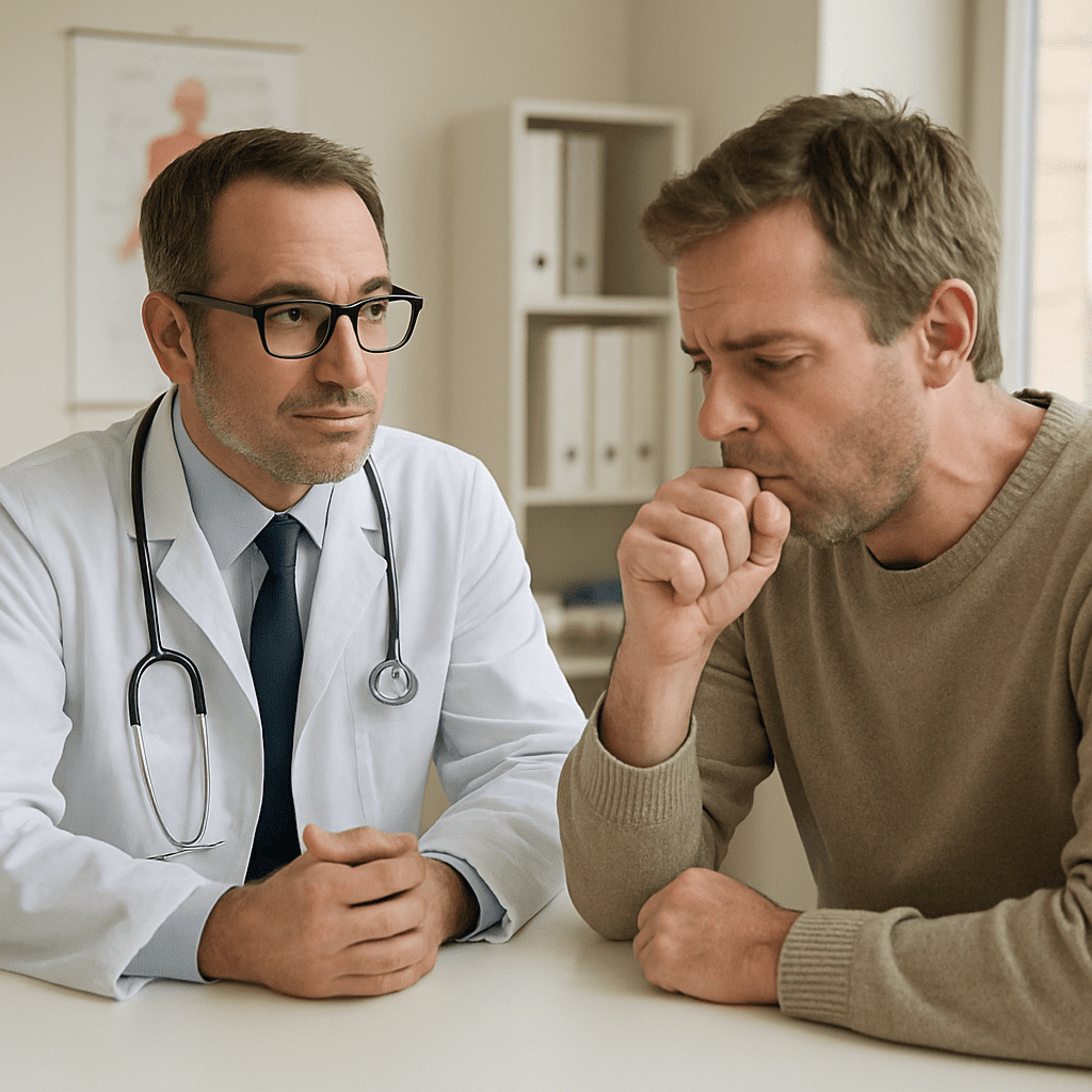 Ein Arzt im Gespräch mit einem hustenden Patienten in einer Praxis