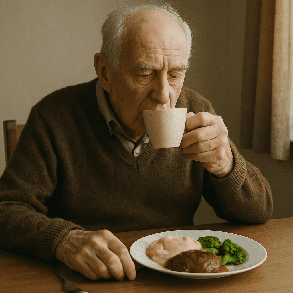Älterer Herr sitzt am Esstisch und trinkt nur eine Tasse Tee, das Essen bleibt unberührt