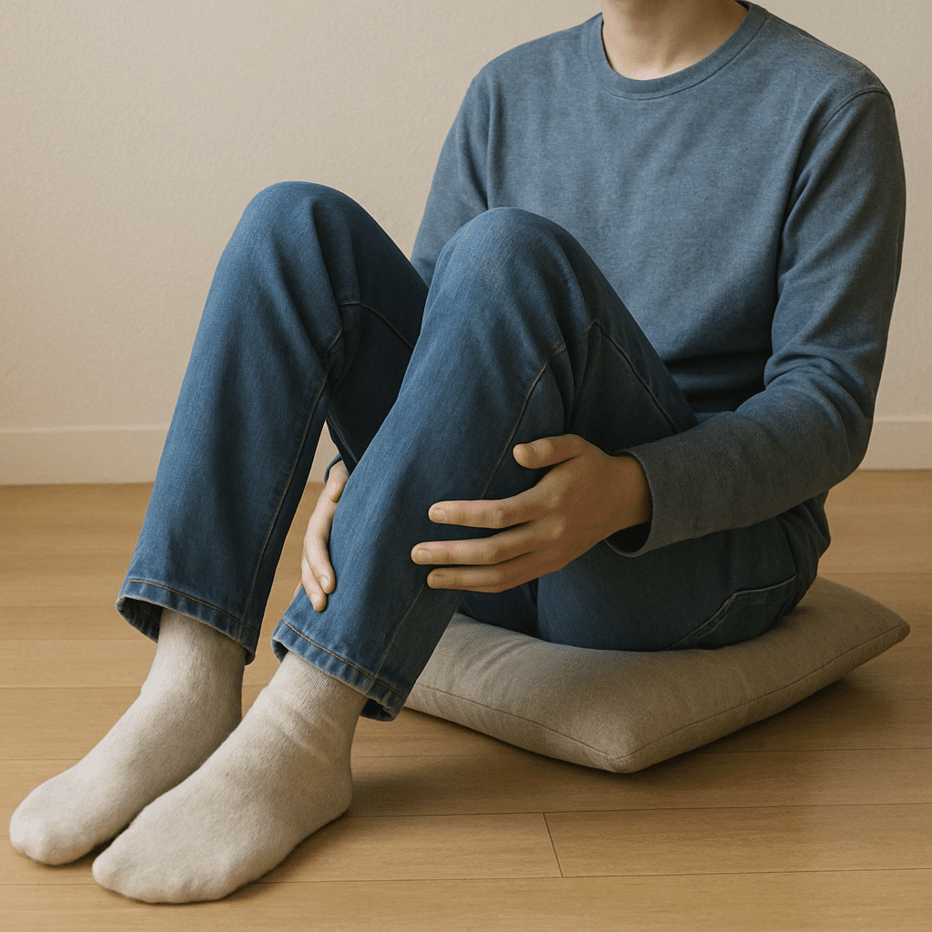 A person sitting with slightly elevated legs on a cushion.