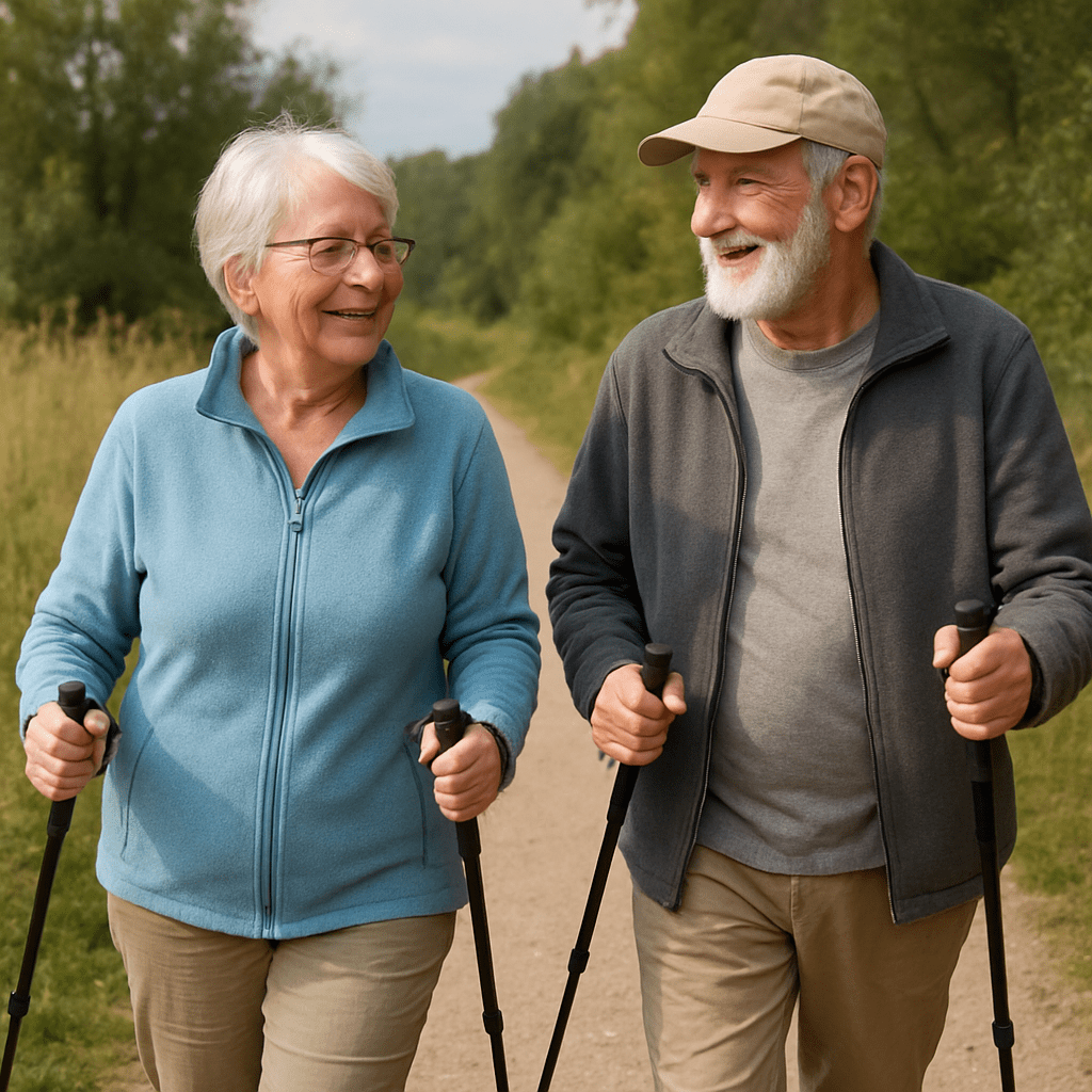 Älteres Paar beim Nordic Walking in der Natur