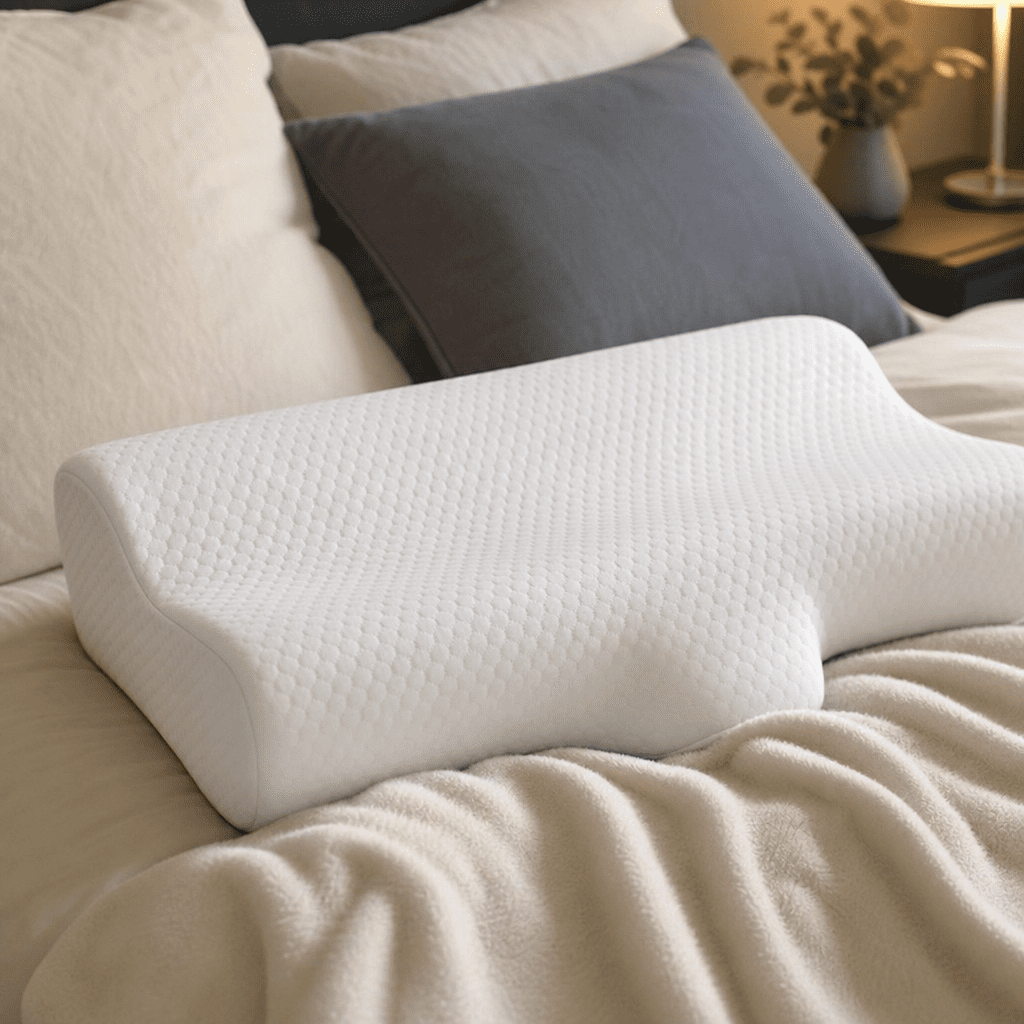 Nahaufnahme eines orthopädischen Nackenstützkissens auf einem gemütlichen Bett