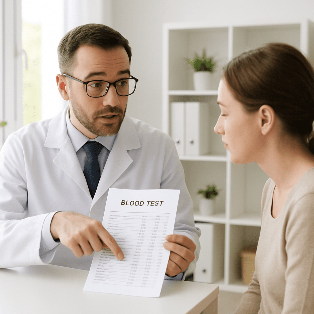 Ein Arzt in weißem Kittel bespricht in einem hellen Praxisraum die Ergebnisse eines Blutbildes mit einer Patientin