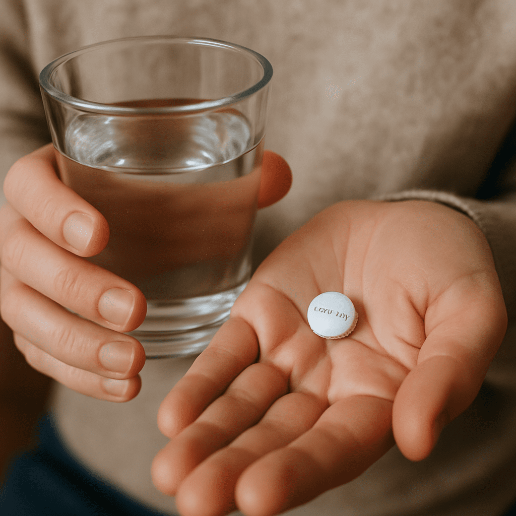 Eine Person hält ein Glas Wasser und eine Ibuprofen-Tablette in der Hand