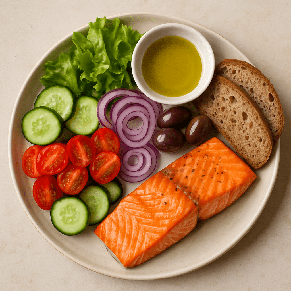 Ein bunter Teller mit mediterraner Kost: Lachs, frisches Gemüse, Olivenöl und Vollkornbrot