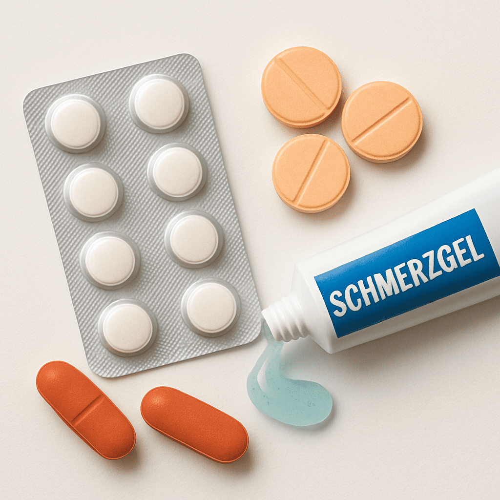 Verschiedene Darreichungsformen von Schmerzmitteln wie Tabletten und Gel auf weißem Hintergrund