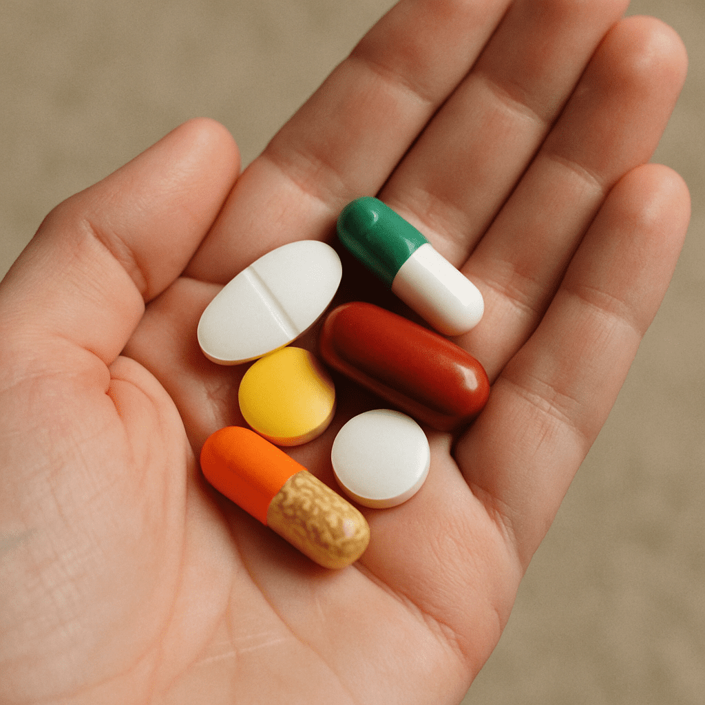 Eine Hand hält verschiedene Arten von Tabletten und Kapseln