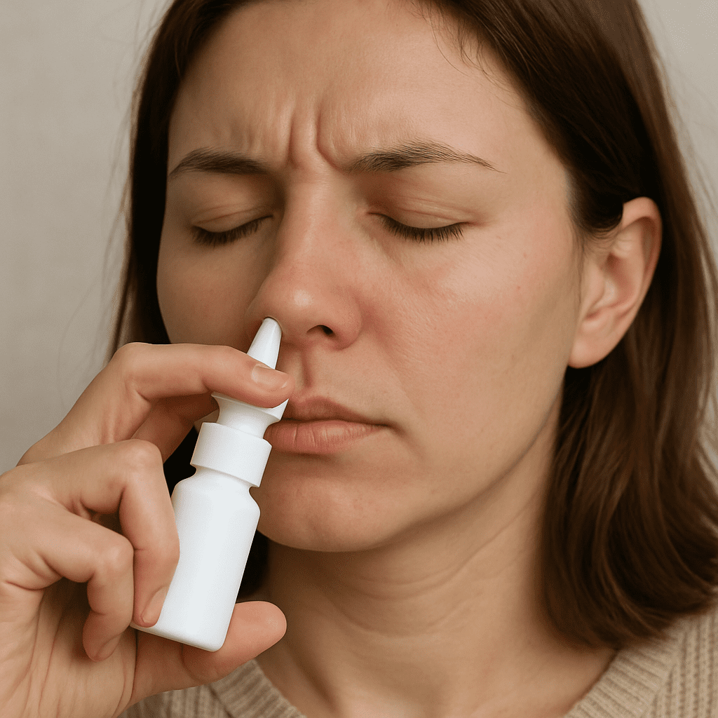 Nasenspray wird von einer Person angewendet, um die Nase zu befreien