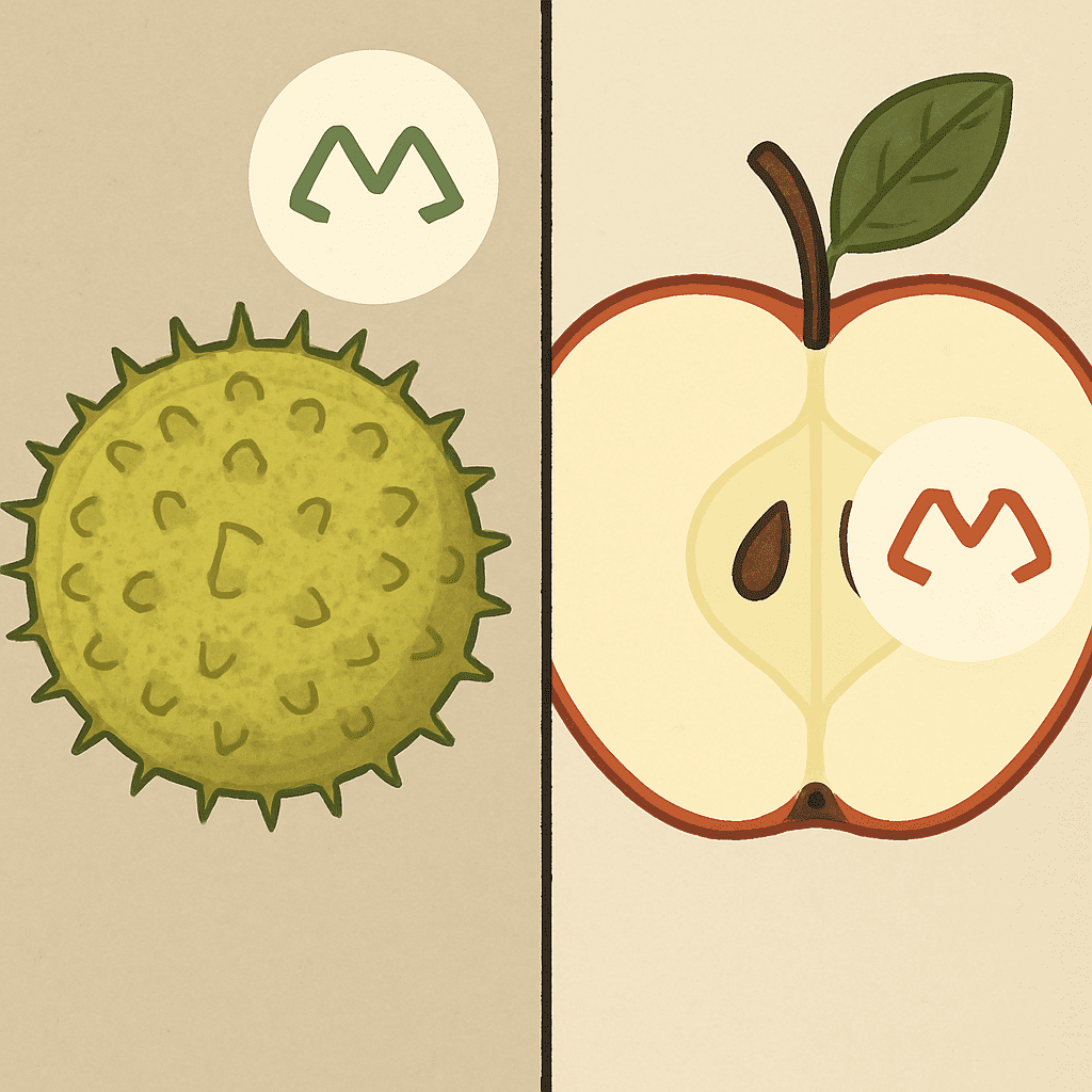 A split-screen illustration showing a microscopic birch pollen grain on one side and a cross-section of an apple on the other, highlighting their similar protein shapes with simple geometric symbols.