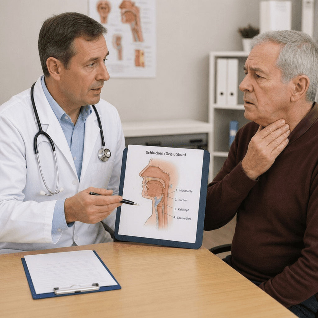 Arzt im Gespräch mit einem Patienten über Schluckprobleme