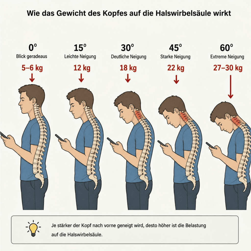 Seitliche Grafik, die zeigt, wie das Gewicht des Kopfes auf die Halswirbelsäule wirkt, wenn man aufs Handy schaut