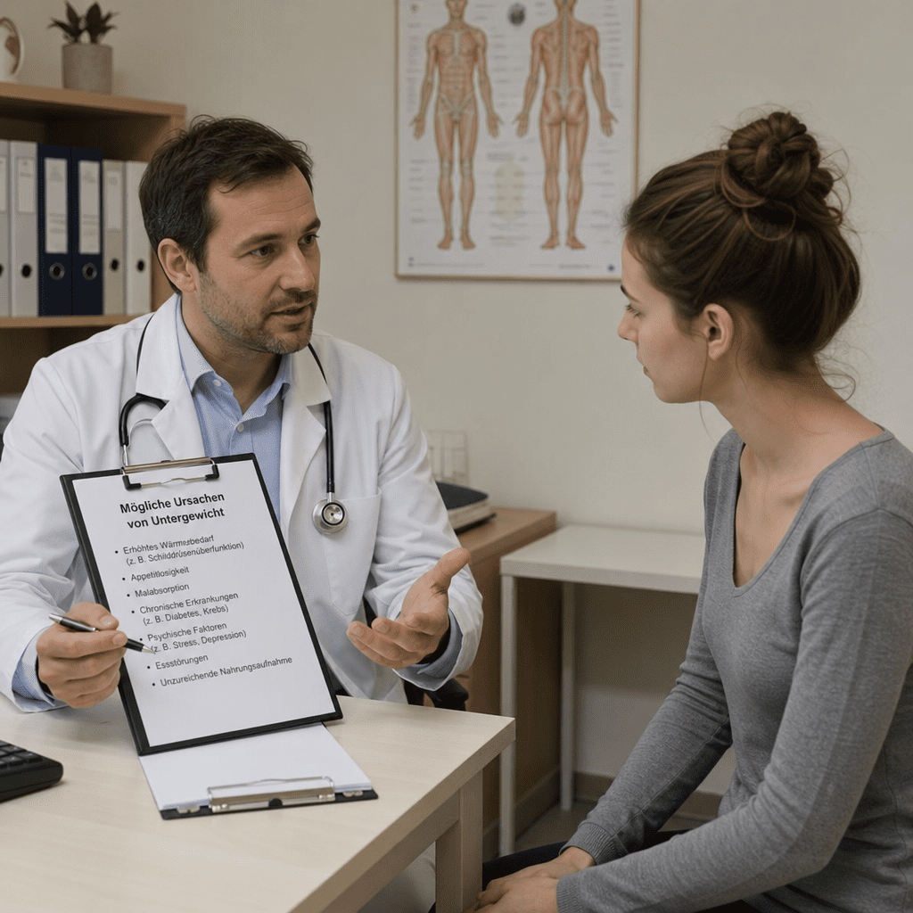 Arzt und Patientin im Gespräch über mögliche Ursachen von Untergewicht