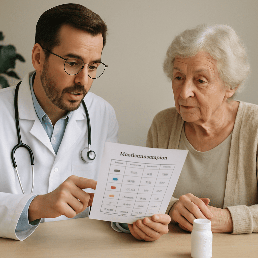 Ein Arzt bespricht mit einer älteren Patientin den Medikamentenplan