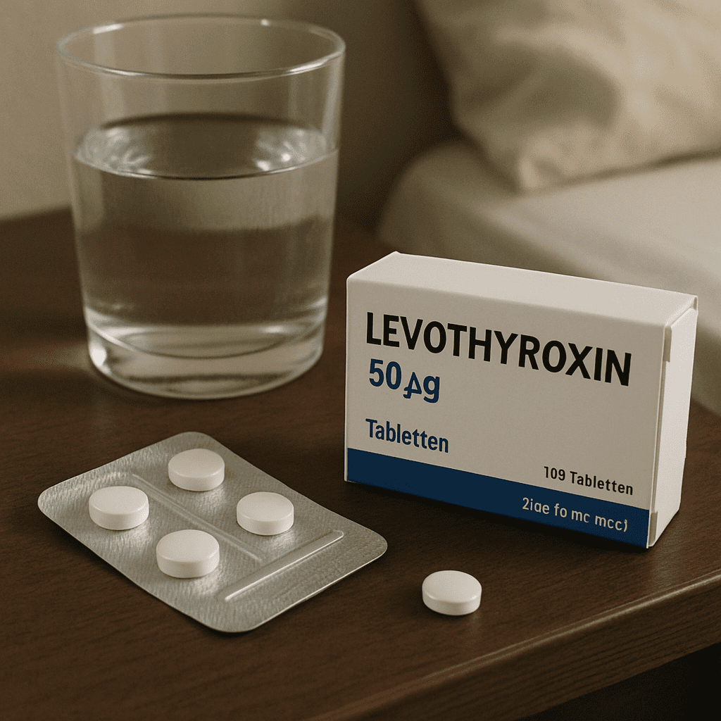 Eine Nahaufnahme von Levothyroxin-Tabletten neben einem Glas Wasser auf einem Nachttisch
