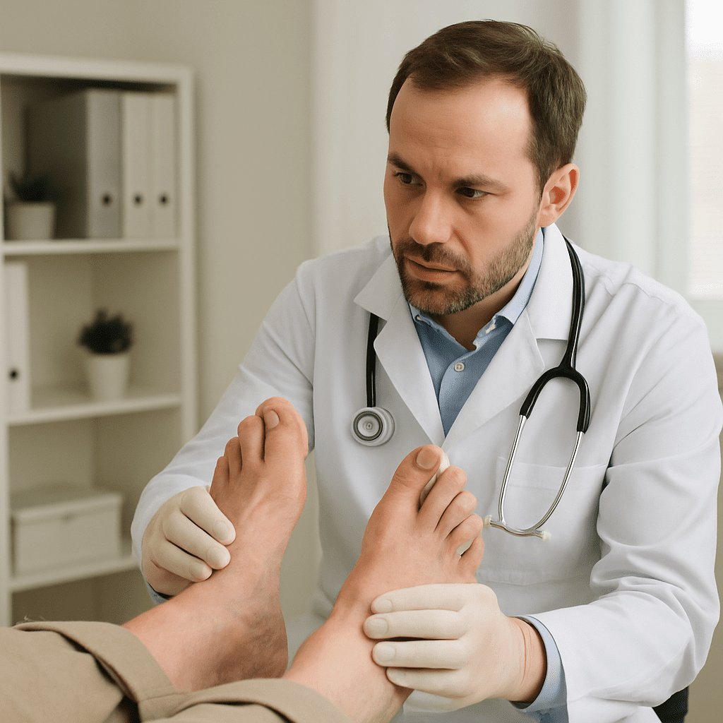 Arzt untersucht die Füße eines Diabetes-Patienten