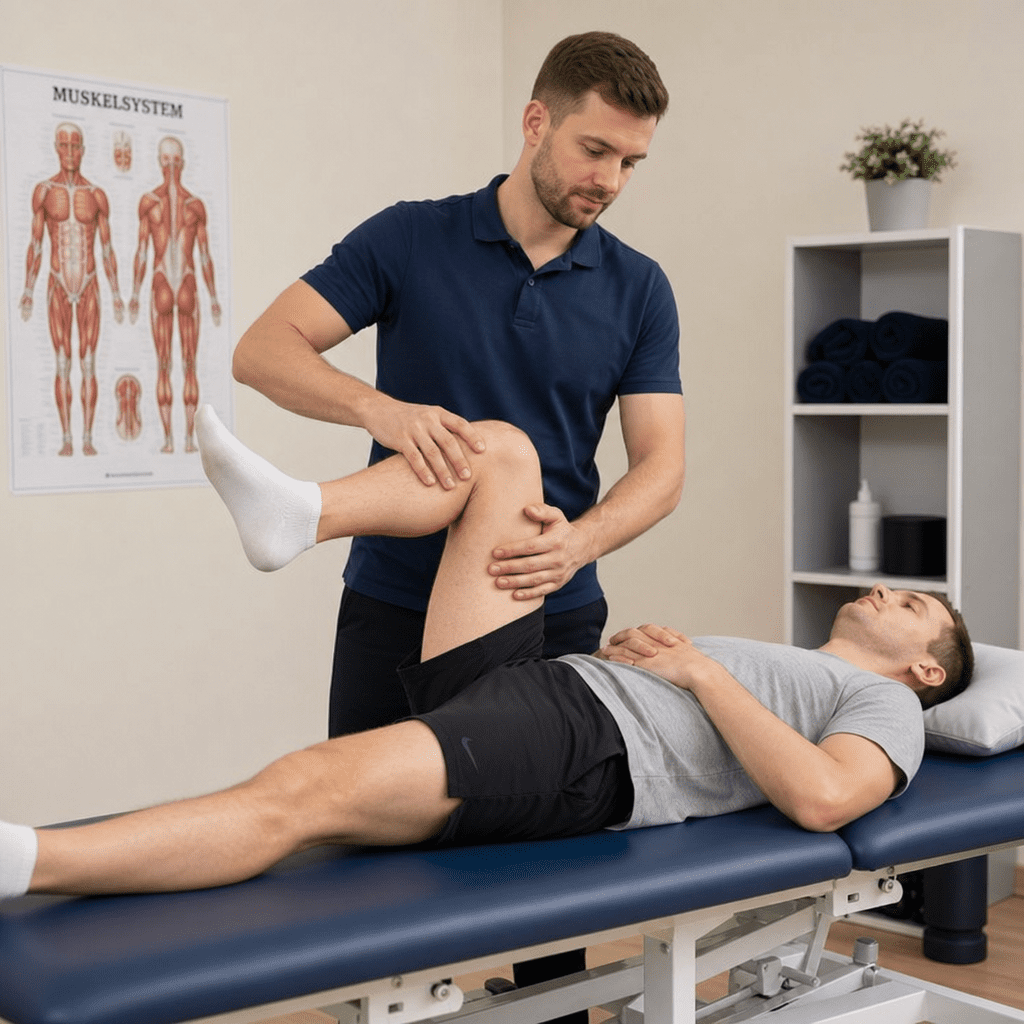 Ein Physiotherapeut hilft einem Patienten bei einer sanften Dehn- und Mobilisationsübung für die Hüfte