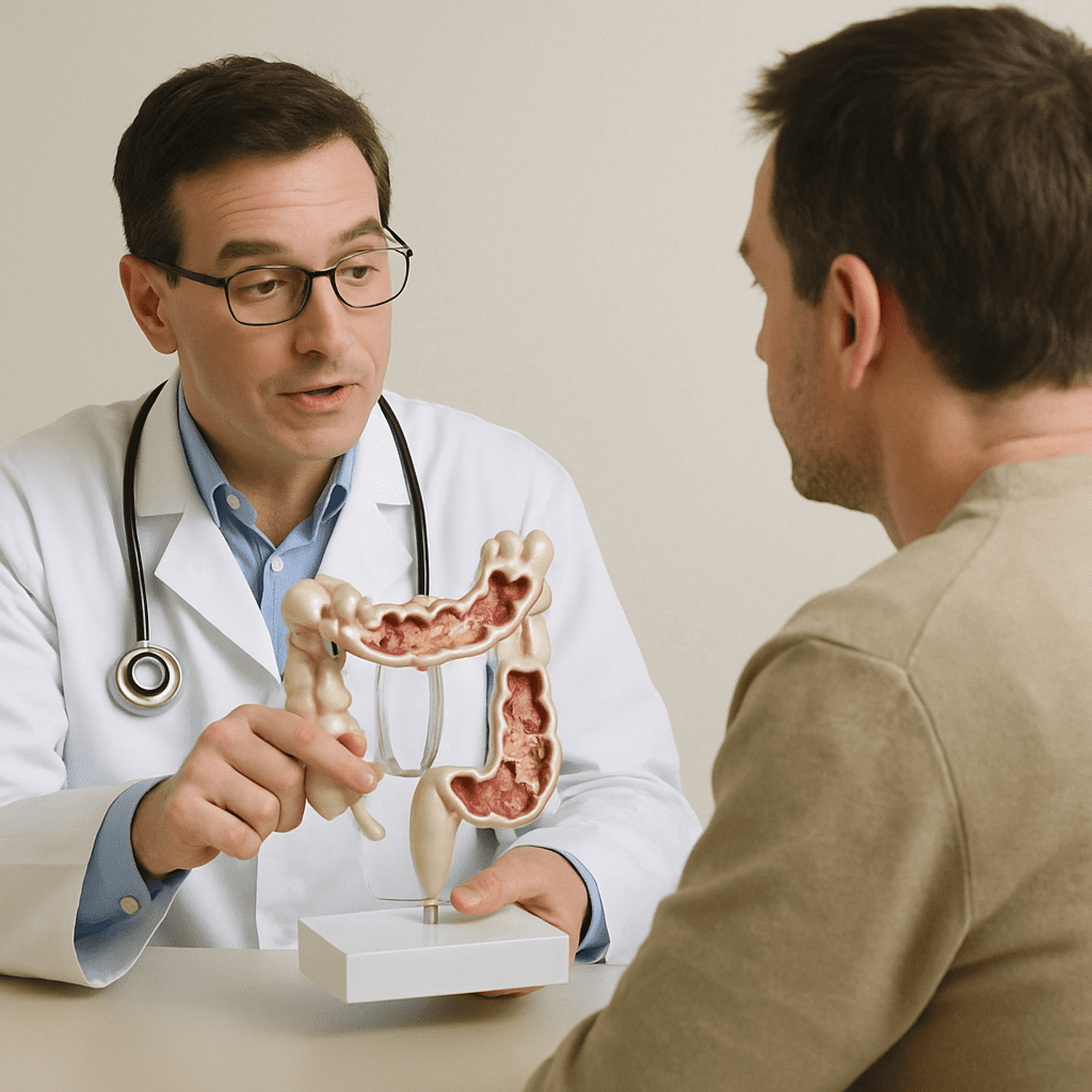 Ein Arzt erklärt einem Patienten anhand eines anatomischen Modells den menschlichen Darm