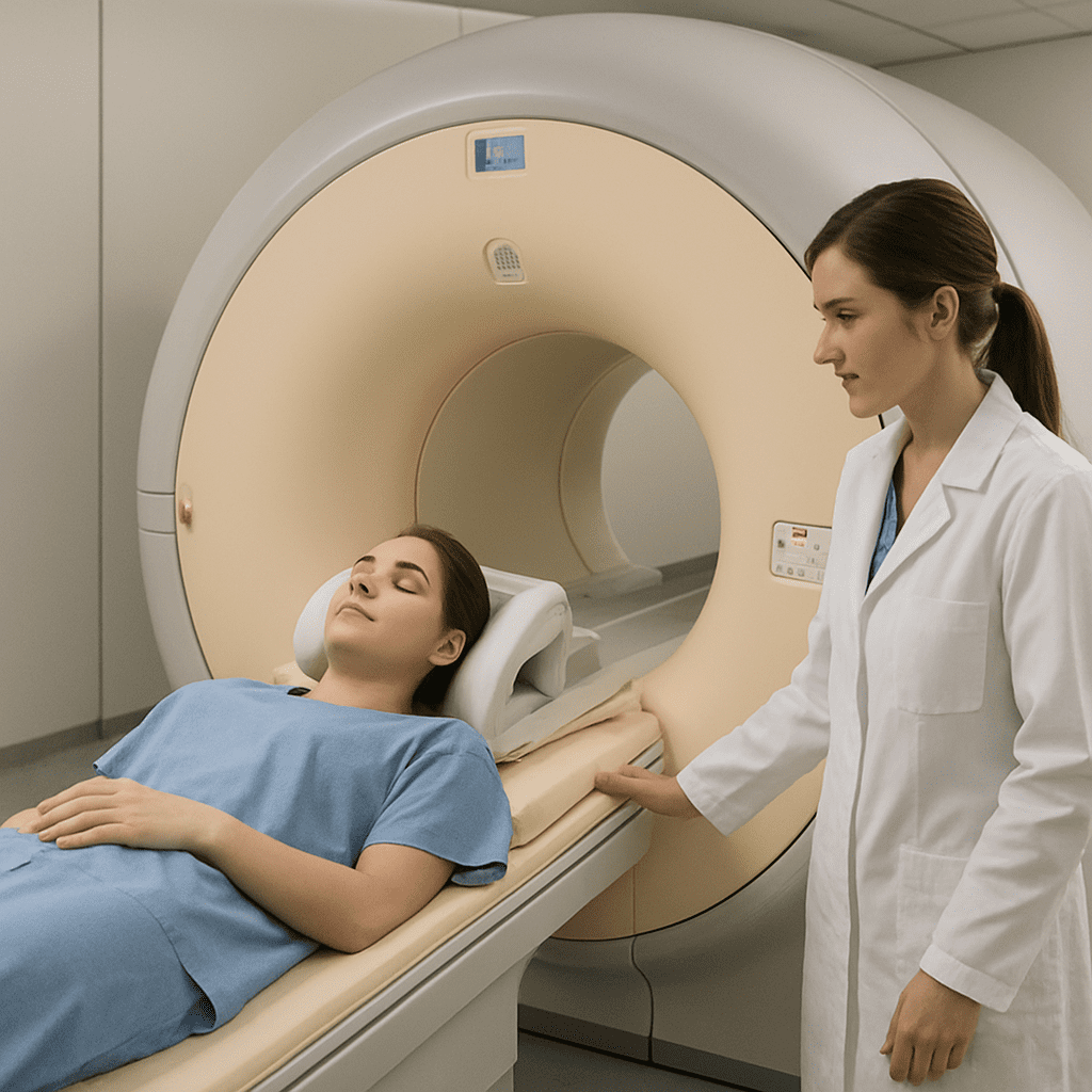 Patientin wird in einem modernen MRT-Gerät für eine diagnostische Untersuchung vorbereitet