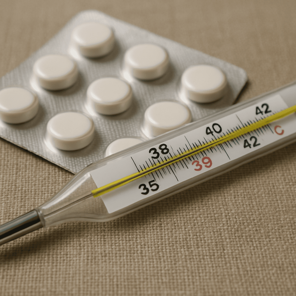 A close-up of a thermometer showing a high fever next to a pack of medication, highlighting the need for vigilance.