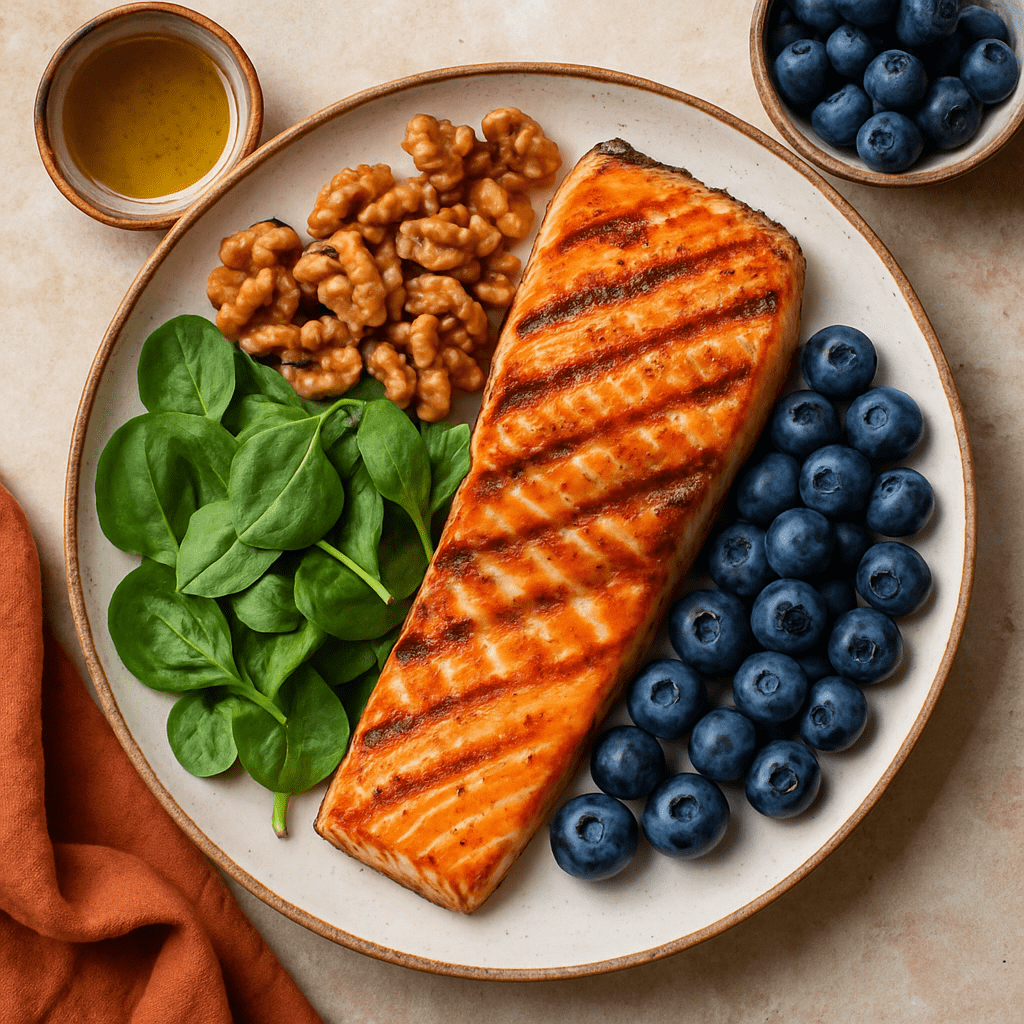 Ein lebhaftes Foto einer Mahlzeit im mediterranen Stil mit gegrilltem Lachs, Walnüssen, Spinat und Blaubeeren aus der Vogelperspektive.