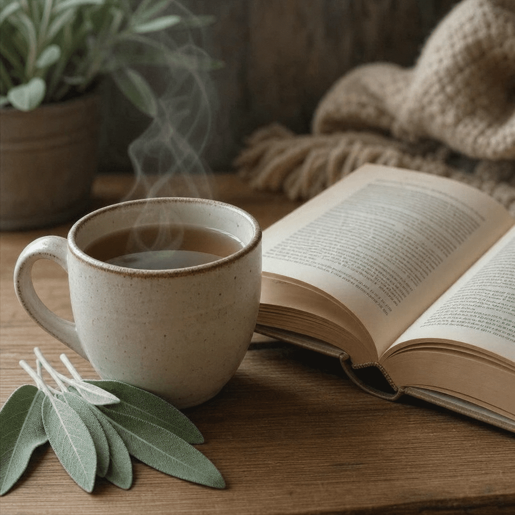 Eine dampfende Tasse Salbeitee neben einem aufgeschlagenen Buch