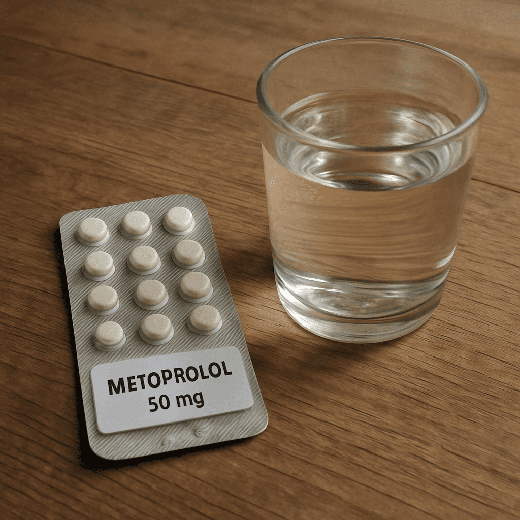 Tablettenblister mit Metoprolol neben einem Glas Wasser auf einem Holztisch