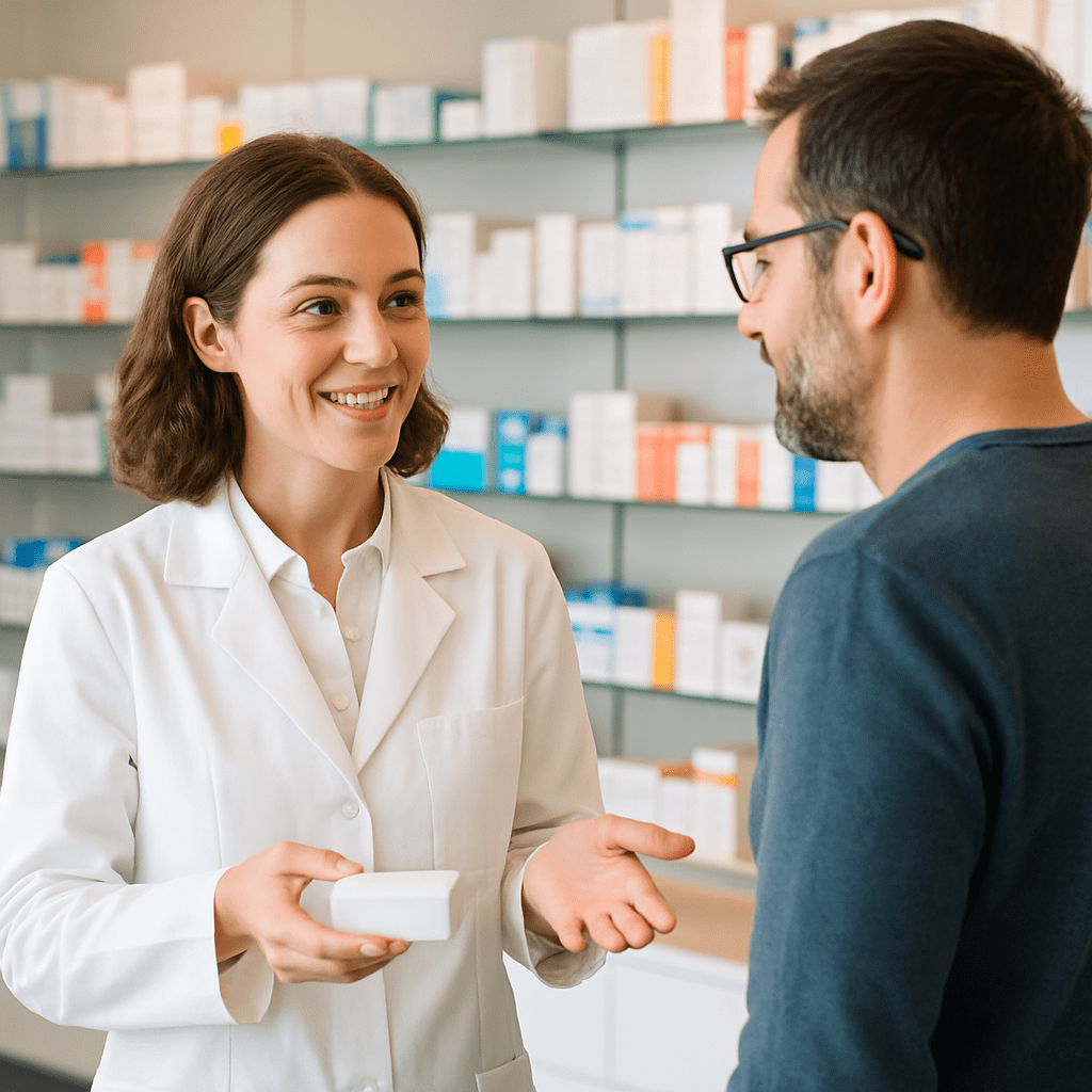 Eine Apothekerin im Gespräch mit einem Kunden in einer modernen Apotheke