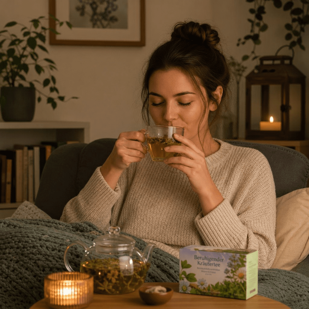 Frau trinkt beruhigenden Kräutertee