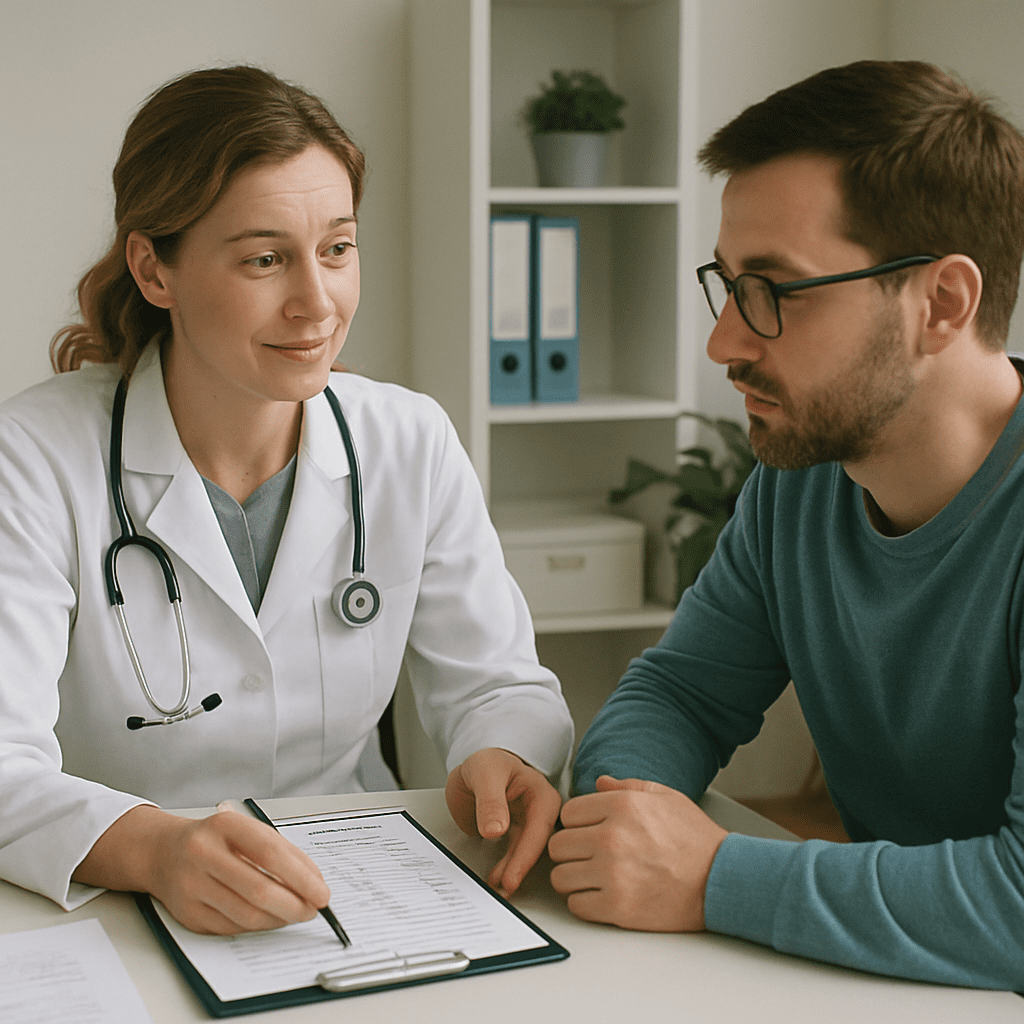 Eine empathische Ärztin bespricht mit einem Patienten die Blutwerte und den Behandlungsplan am Schreibtisch