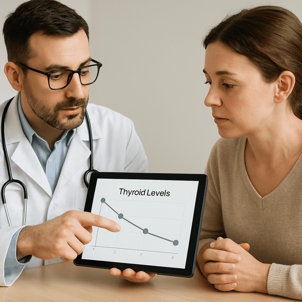 Ein Arzt zeigt einer Patientin auf einem Tablet den Verlauf ihrer Schilddrüsenwerte