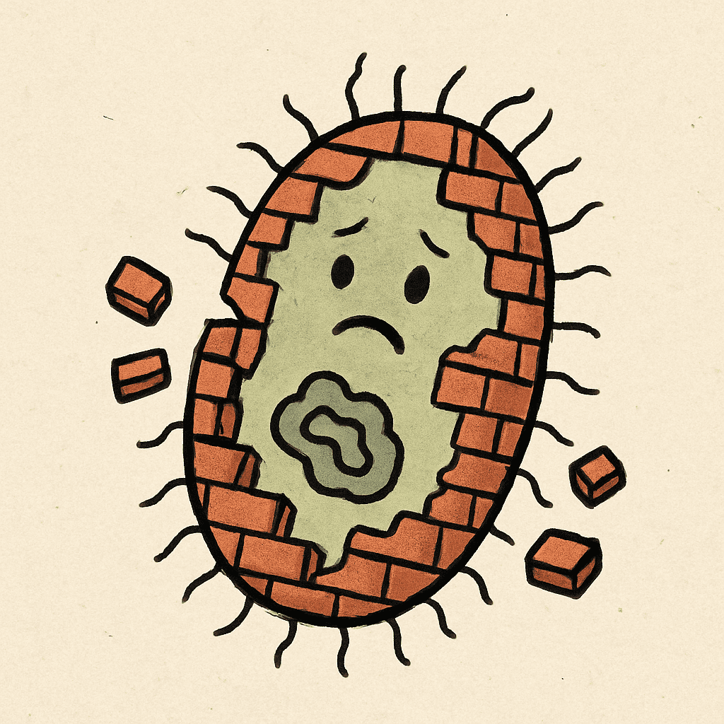 Eine einfache Illustration, die ein Bakterium mit einer aufgebrochenen Außenwand zeigt, ähnlich einem bröckelnden Ziegelhaus.