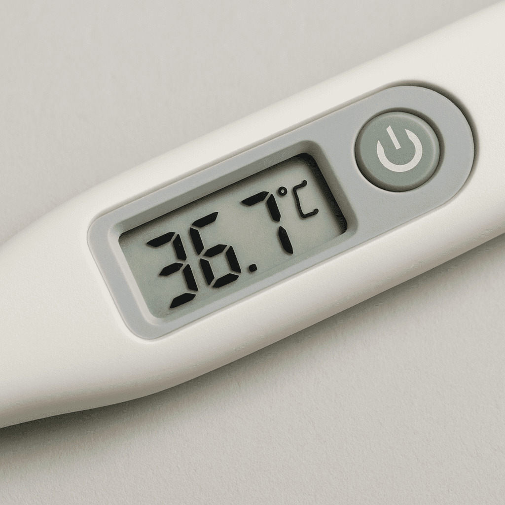 A close-up of a modern digital thermometer showing a clear reading.