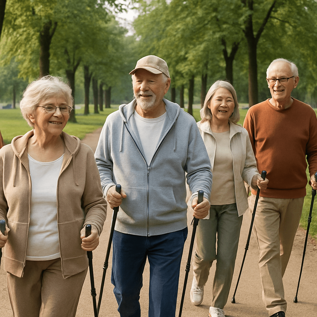Eine Gruppe älterer Menschen beim entspannten Nordic Walking im Park