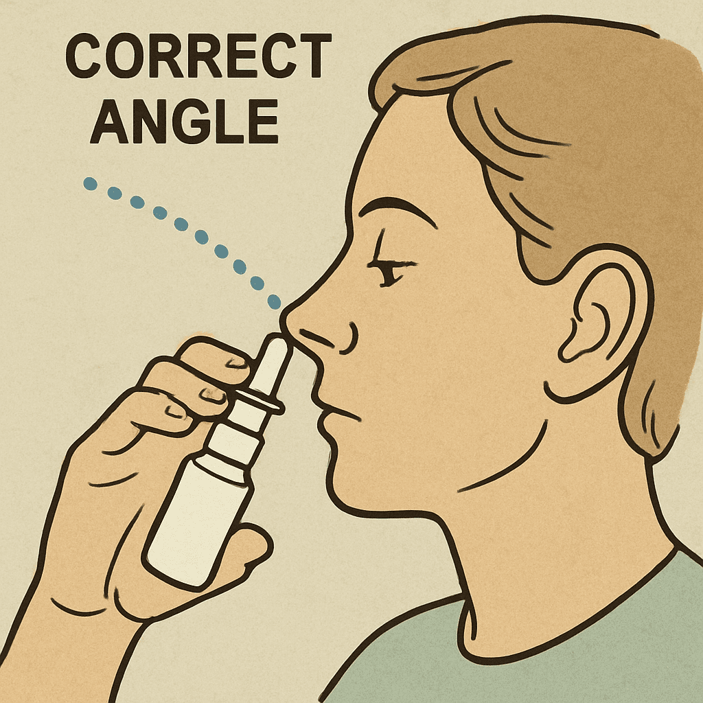 A diagram showing the correct angle to hold a nasal spray—tilted slightly away from the center of the nose toward the ear.