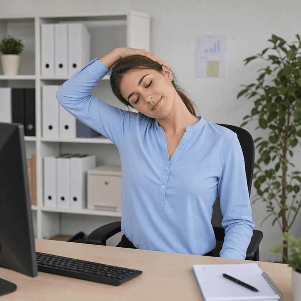 Eine junge Frau im Büro macht eine Dehnübung für die Halswirbelsäule, indem sie den Kopf sanft zur Seite neigt