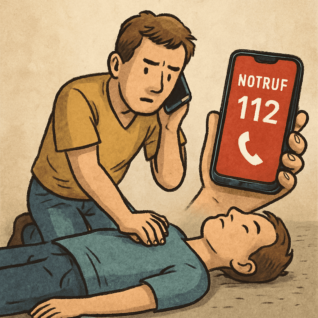 Jemand leistet Erste Hilfe und wählt den Notruf 112 auf dem Smartphone