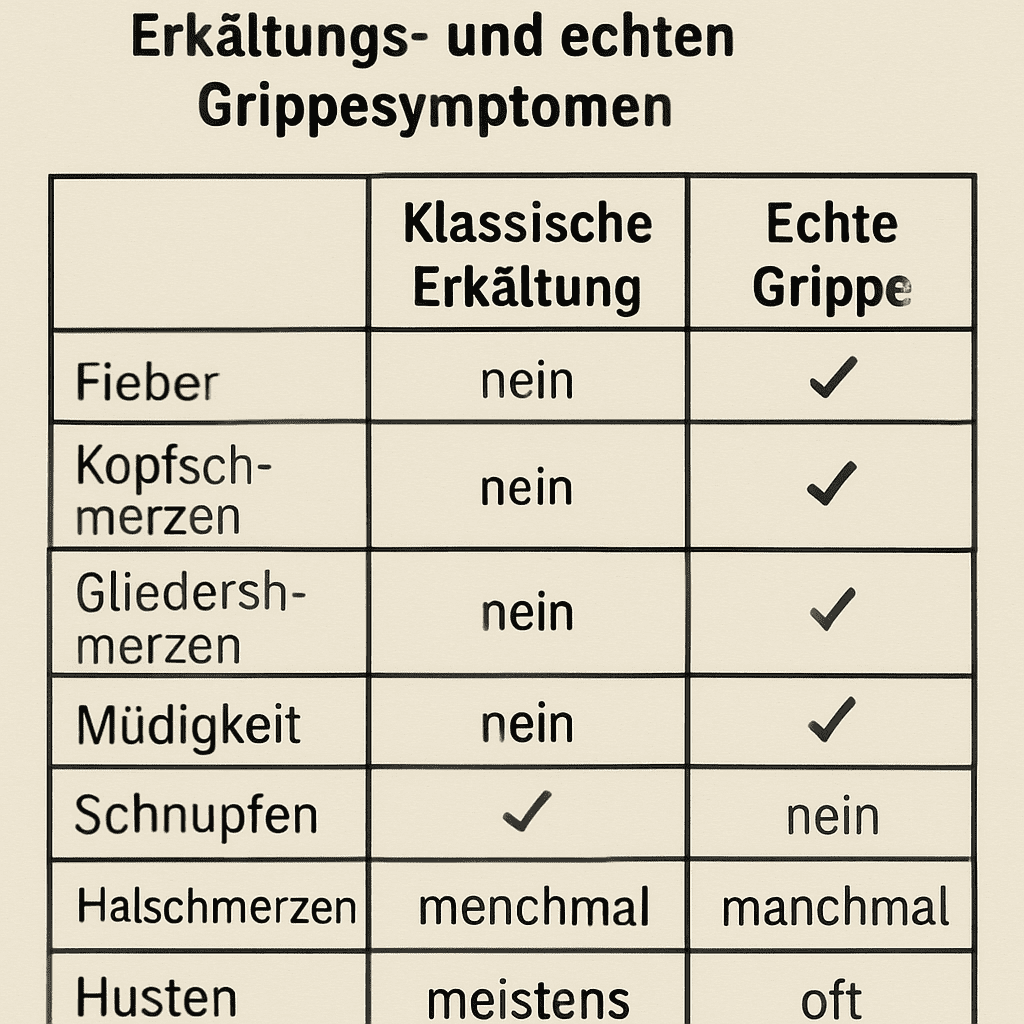 Vergleichstabelle zwischen klassischen Erkältungs- und echten Grippesymptomen