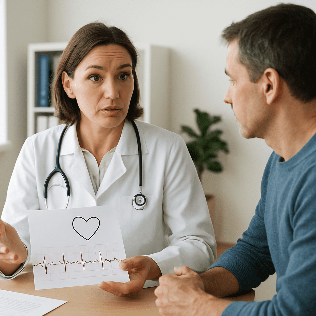 Ärztin bespricht mit einem Patienten im Sprechzimmer die Ergebnisse seiner Herzuntersuchung