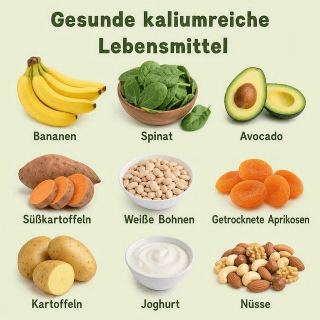 Gesunde kaliumreiche Lebensmittel wie Bananen und Spinat