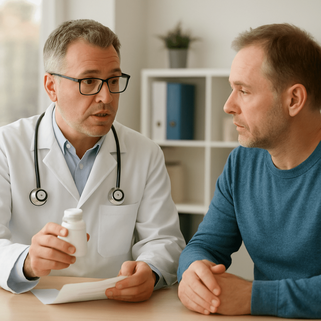 Ein Arzt bespricht mit einem Patienten die Einnahme von Blutdruckmedikamenten