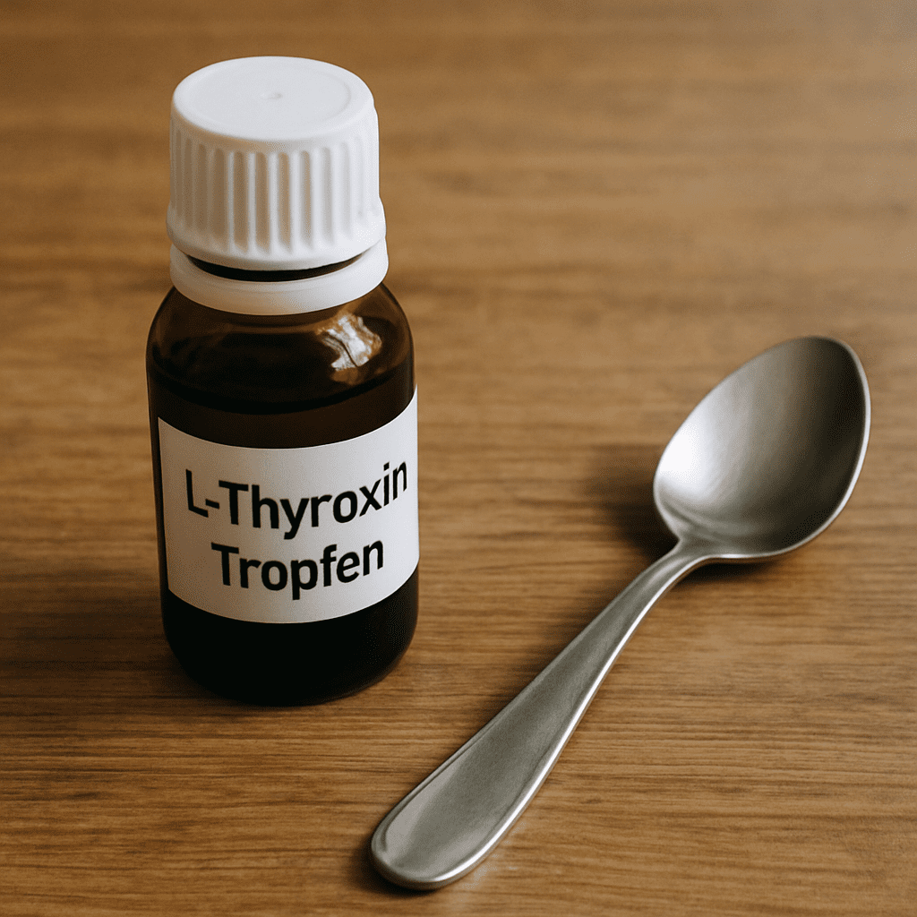 Ein Fläschchen mit L-Thyroxin Tropfen und einem Löffel auf einem Holztisch