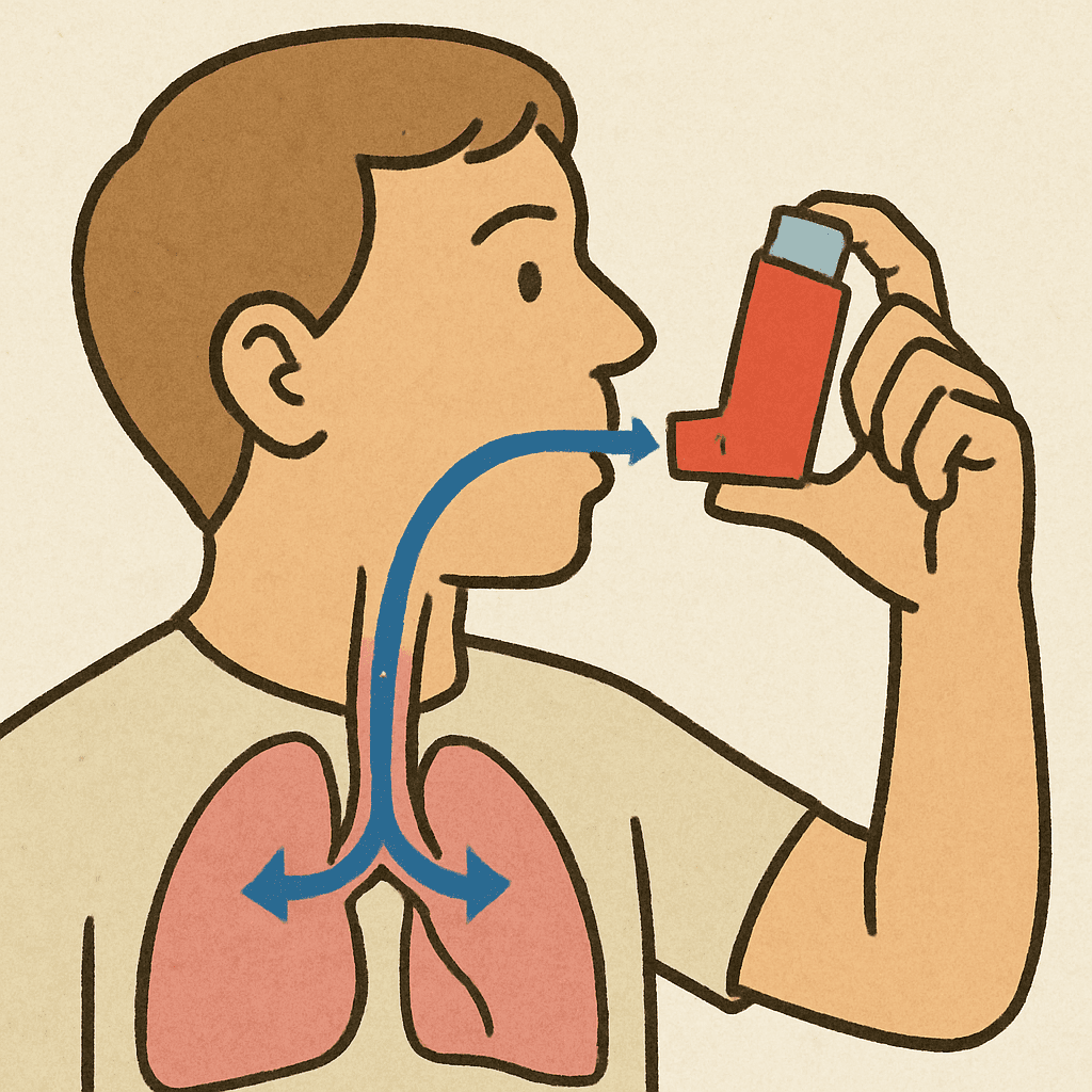 Eine Person, die ein Inhalationsgerät korrekt an den Mund hält, mit Pfeilen, die den Luftstrom in die Lunge andeuten.