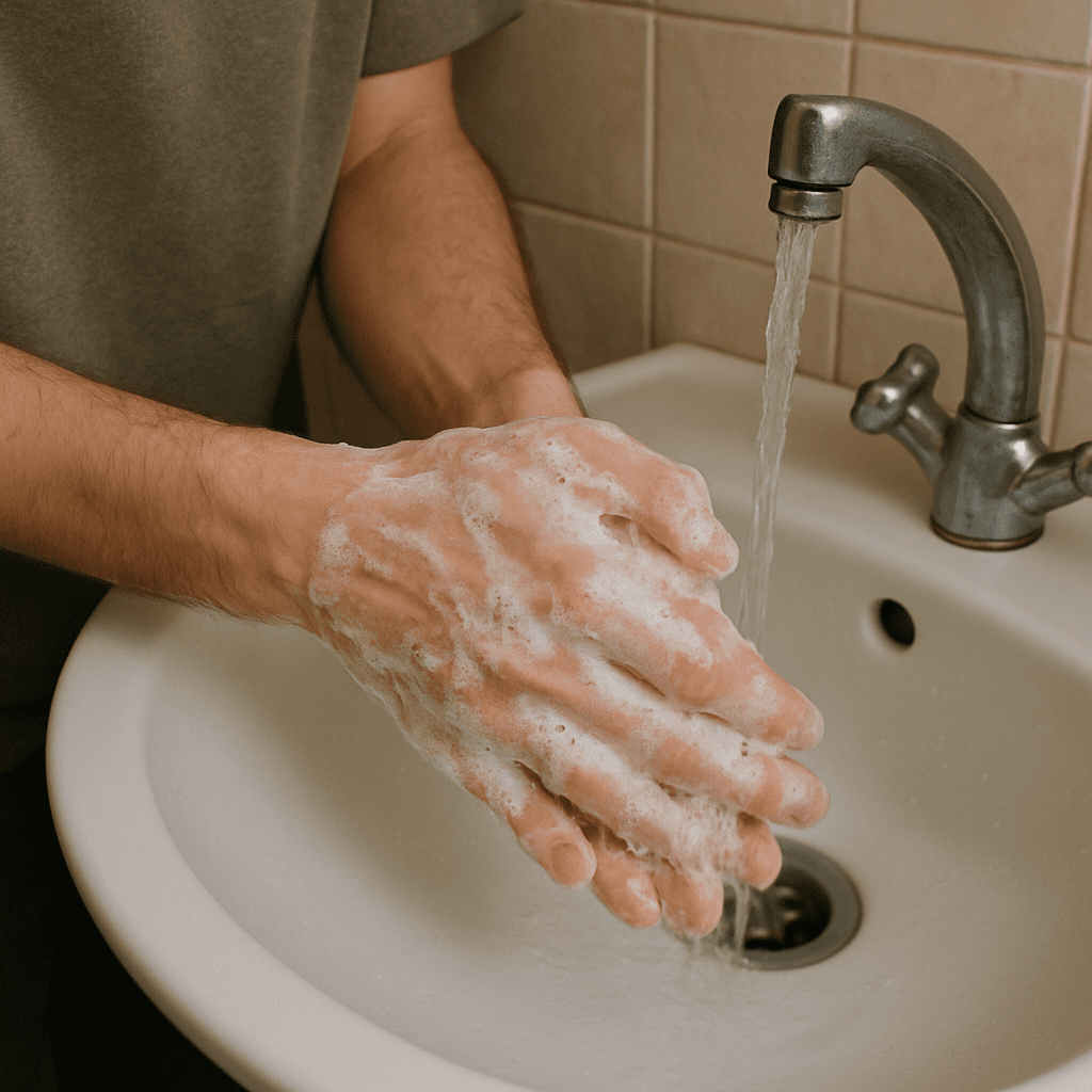 Eine Person wäscht sich gründlich die Hände mit viel Seife unter fließendem Wasser