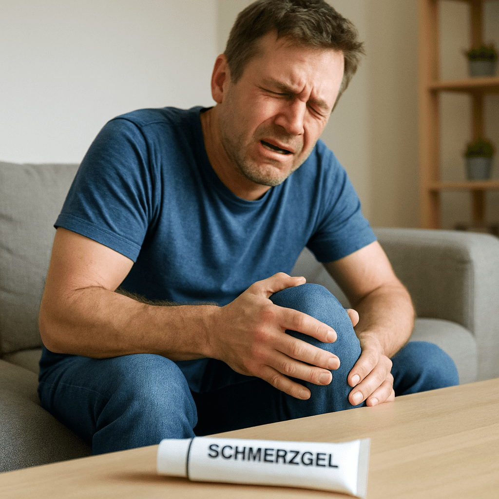 Ein Mann reibt sich schmerzverzerrt das Knie, während eine Tube Schmerzgel auf dem Tisch liegt