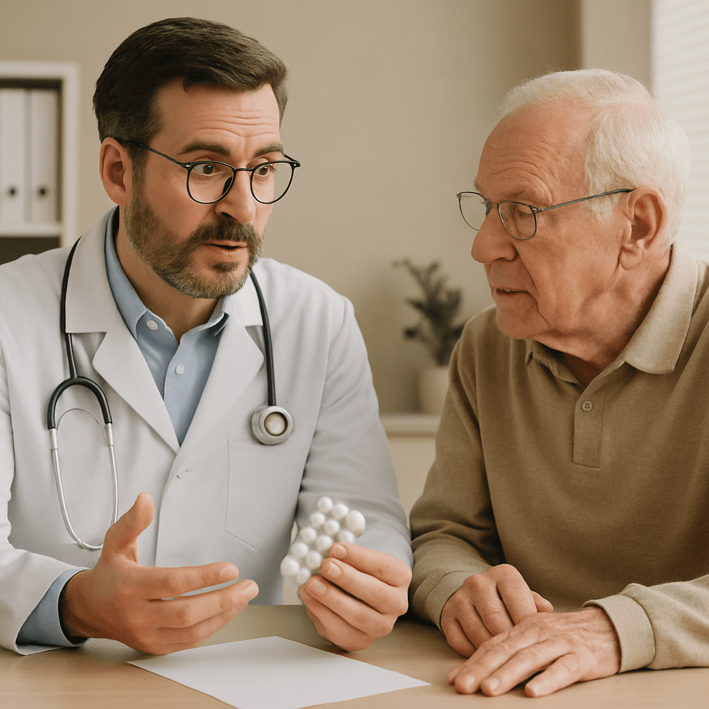 Arzt im Gespräch mit einem Patienten über Blutdruckmedikamente