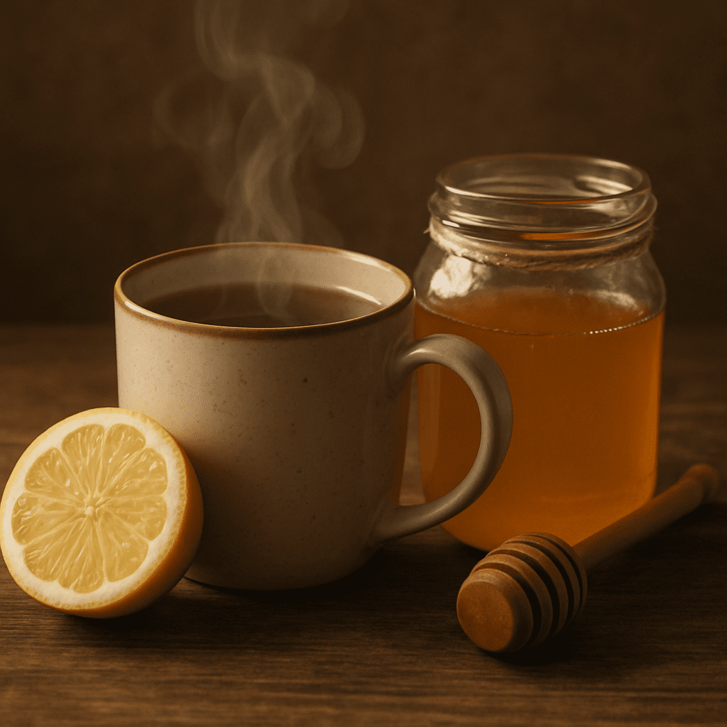 A steaming mug of tea next to a jar of honey and a sliced lemon, looking warm and soothing.