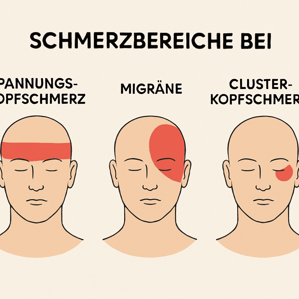 Grafik, die die Schmerzbereiche von Spannungskopfschmerz, Migräne und Cluster-Kopfschmerz am menschlichen Kopf zeigt