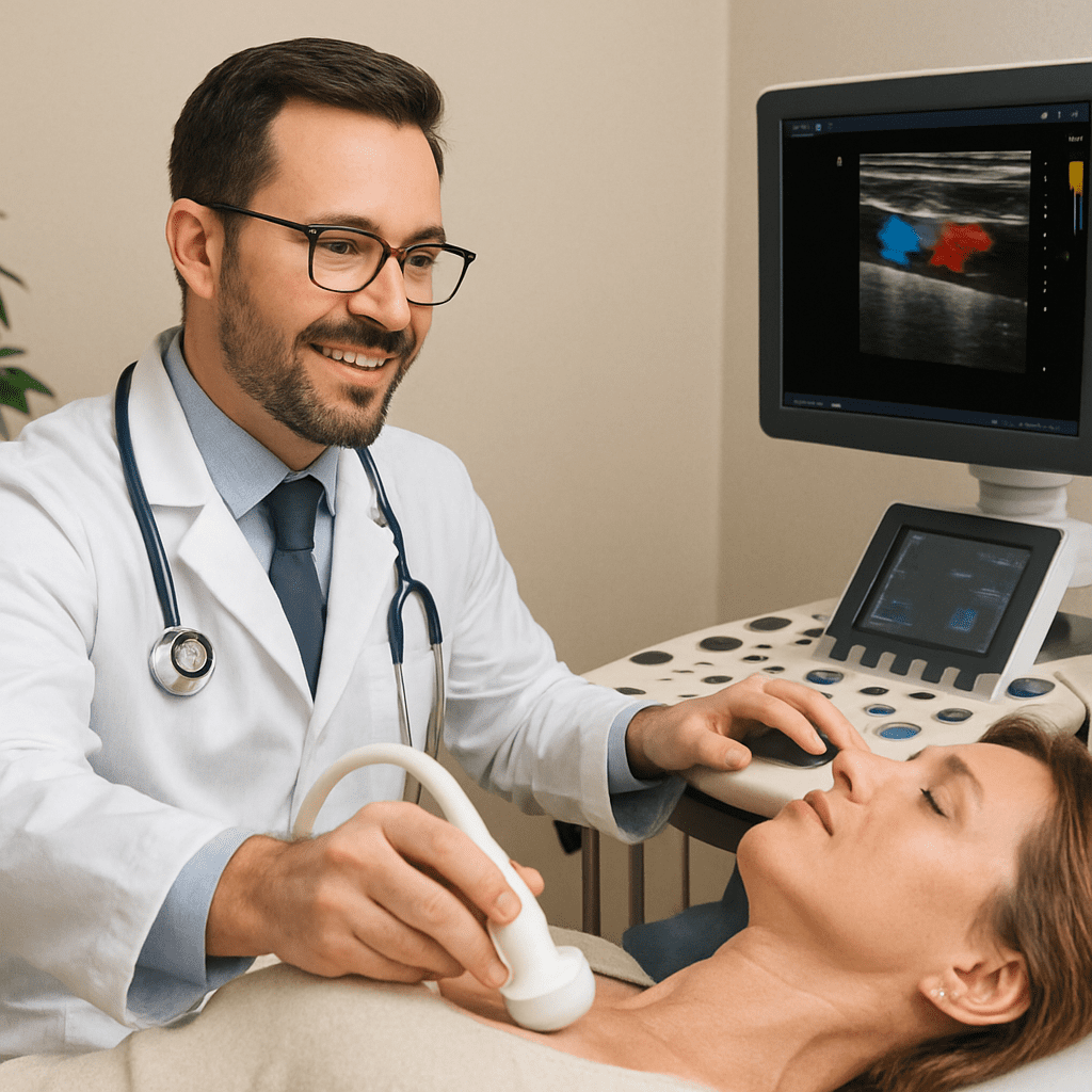 A professional but friendly doctor performing an ultrasound on a patient's neck, showing the non-invasive nature of the test.