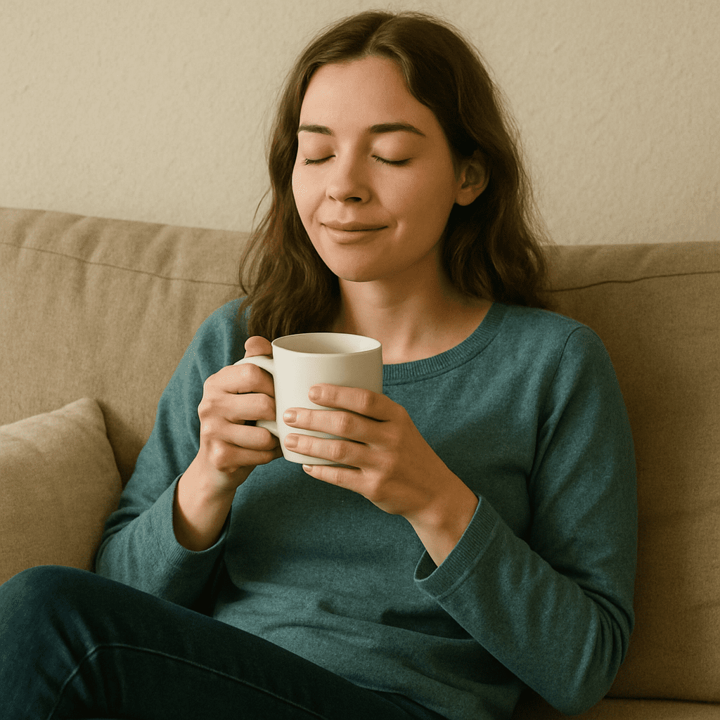 Junge Frau sitzt entspannt auf dem Sofa und trinkt Tee, was mentale Ausgeglichenheit symbolisiert