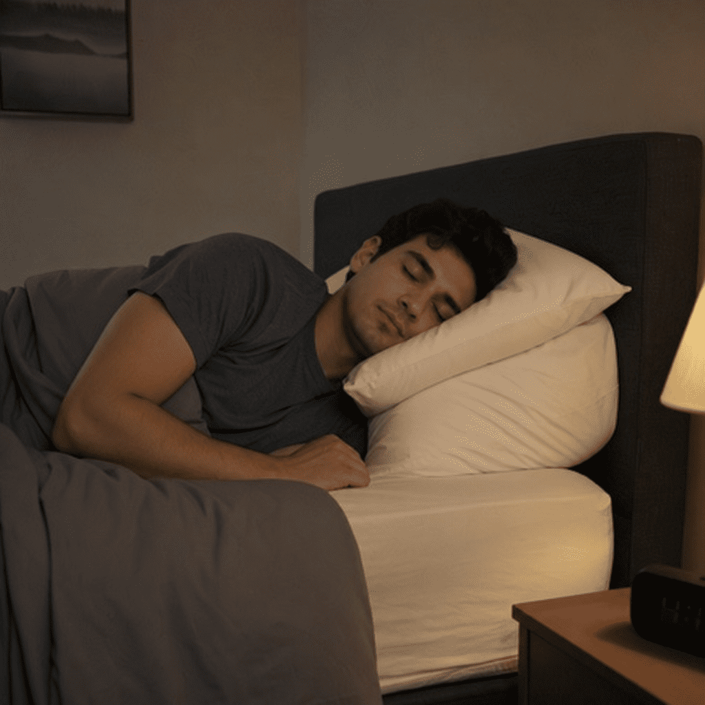 A person sleeping comfortably on their left side with an elevated pillow setup.